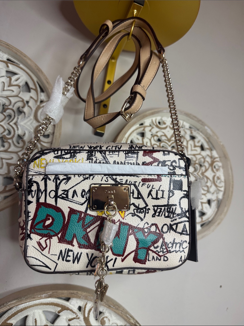 Designer Graffiti Print Crossbody Bag - White Teal Accent